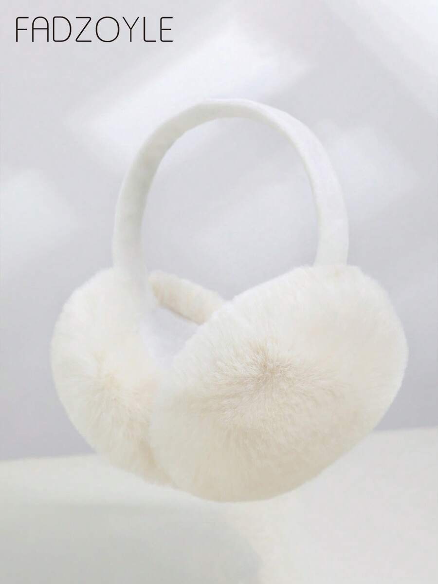 FADZOYLE 1个白色可折叠蓬松羊毛耳罩，可爱女士耳罩，可调节头带带保暖内衬，冬季耳罩 - 細桿-白色 - 查看 1