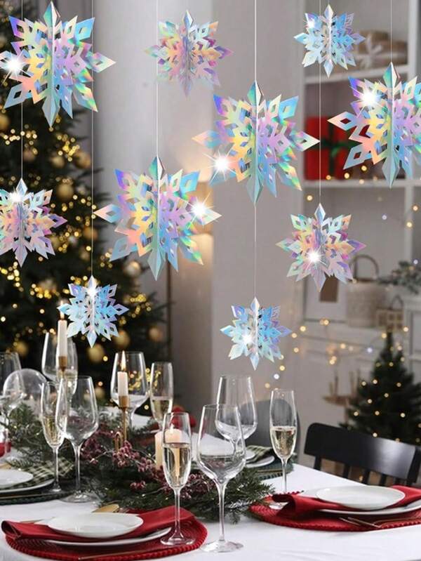 6 Piezas/Set Decoraciones colgantes de copos de nieve navideños, adornos de copos de nieve de papel holográfico 3D, copos de nieve colgantes de colores arcoíris, adecuados para decoración del hogar de invierno, decoración de fiesta de maravillas, decoración navideña del hogar, decoración de habitación navideña, decoración de Año Nuevo, decoración navideña interior y exterior