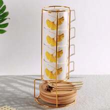 4pcs/Set Ceramic Coffee Cup Set With 4 Cups, 4 Saucers, 4 Spoons And Metal Holder, 250ml Capacity, Suitable For Coffee, Tea, Milk, Cappuccino, Iced Tea, Breakfast Cups, Mugs, Great Gift For Garden, Restaurant, Cafe, Home And Office, Family, Friends And Lovers, Ideal For Thanksgiving, Halloween, Christmas, Valentine's Day, New Year