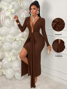 Amarilo Women's Autumn/Winter Fashionable And Sensual Party Dress Deep V-Neck, Long Sleeves With Overlay Details Fitted Waist With Side Slit Fishtail Hem Solid Colour Shiny Fabric Long Dress