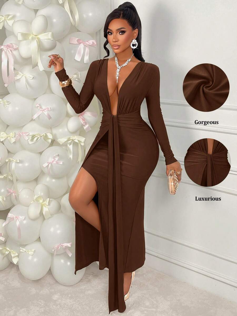 Amarilo Women's Autumn/Winter Fashionable And Sensual Party Dress Deep V-Neck, Long Sleeves With Overlay Details Fitted Waist With Side Slit Fishtail Hem Solid Colour Shiny Fabric Long Dress