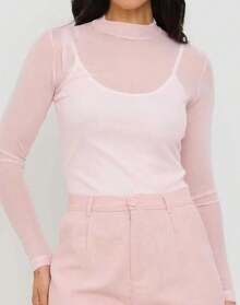 Tulle Bust Long Sleeve Pastel Colors Candy Color Color Block Polyester Sheer Blouse Holiday Dating Summer - 淺粉色 - 查看 1