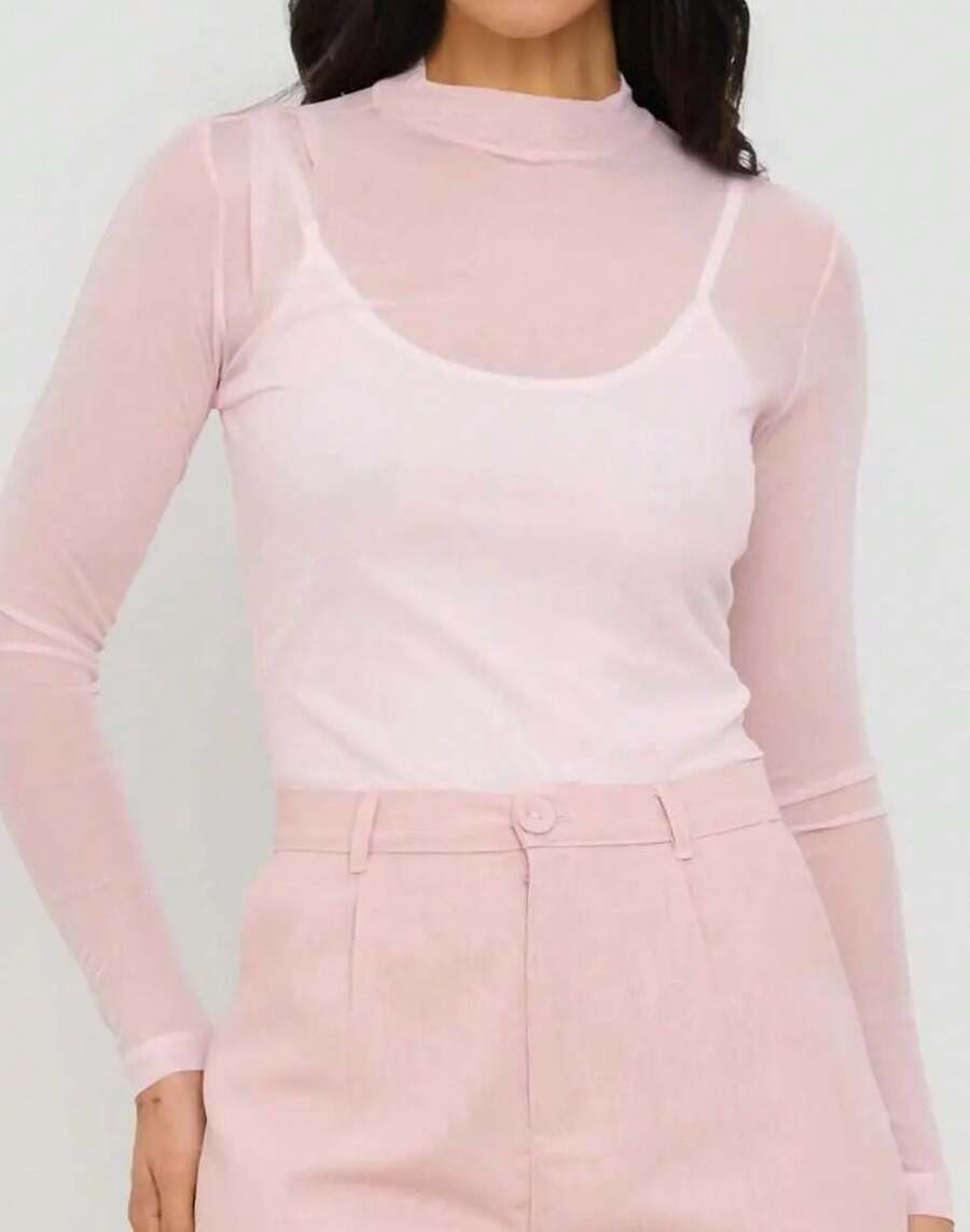 Tulle Bust Long Sleeve Pastel Colors Candy Color Color Block Polyester Sheer Blouse Holiday Dating Summer - 淺粉色 - 查看 1