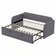 Pull-Out Sofa Bed 90-180x190cm: Multifunctional Upholstered Bed With Vertical Striped Design And Slatted Frame, Grey Linen Fabric (Mattress Not Included) - Grey + Upholstered + 90cm*190cm-2 - View 11