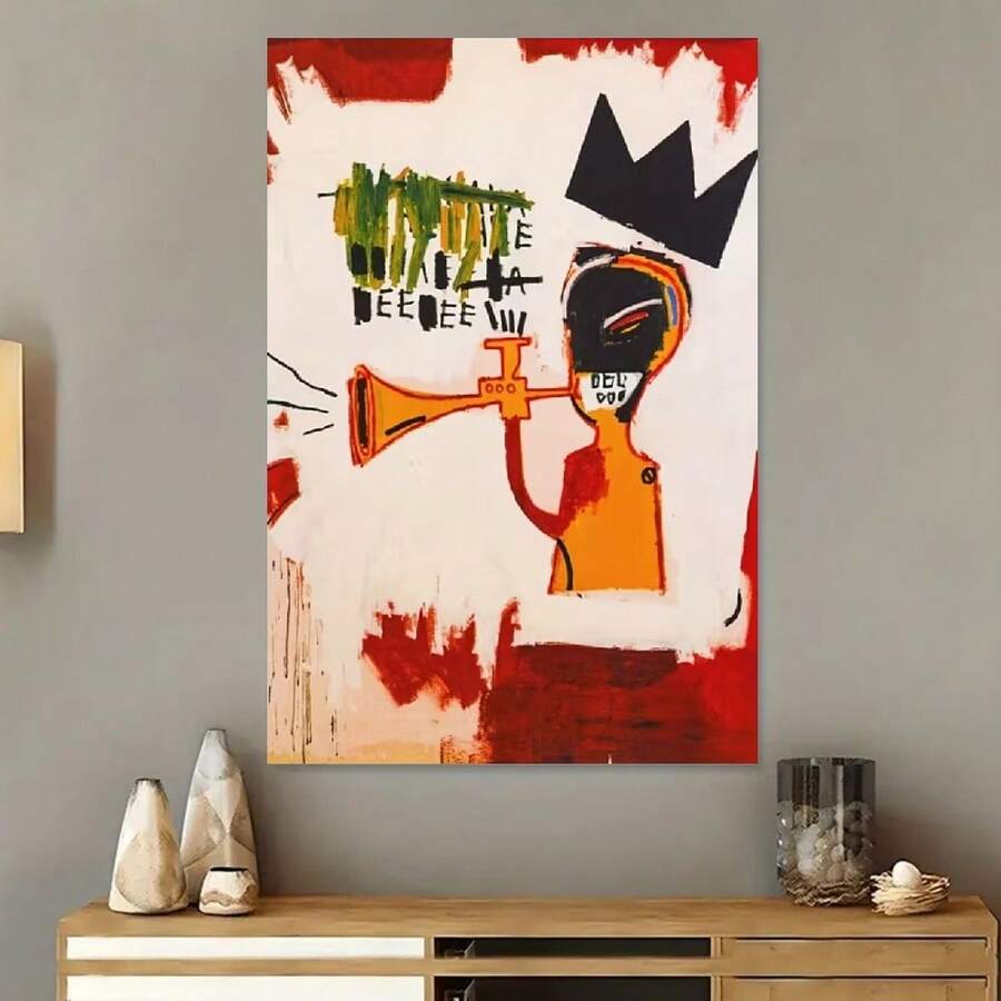 Framed Canvas Jean-Michel Basquiat Graffiti Street Trumpet Wall Art Poster - Vibrant Abstract Canvas Print, Modern Home & Office Decor, Artistic Wall Display | Expressive Artwork | High Visual Impact, Wall Mural - Framed - View 1