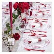 Red Plastic Plates Disposable Set - 175pc Party Dinnerware, 10.25" Dinner & 7.5" Dessert, Silverware, Cups - Wedding & Party Supplies - 如圖/A - 查看 3