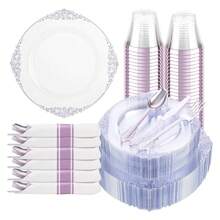 Clear Plastic Plates Disposable Set - 175pc Party Dinnerware For 25 Guests - As Picture/J - View 8