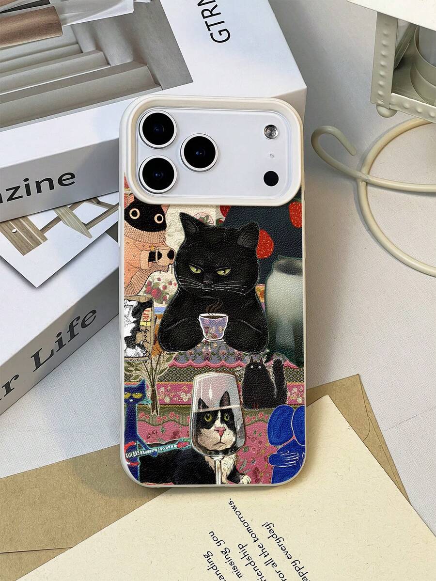 1pc Vintage Cat & Strawberry Pattern Waterproof Anti-Fall Anti-Slip Soft Leather Phone Case, Compatible With Apple, Phones,International Version, Not The Domestic Version - Multicolor - View 1