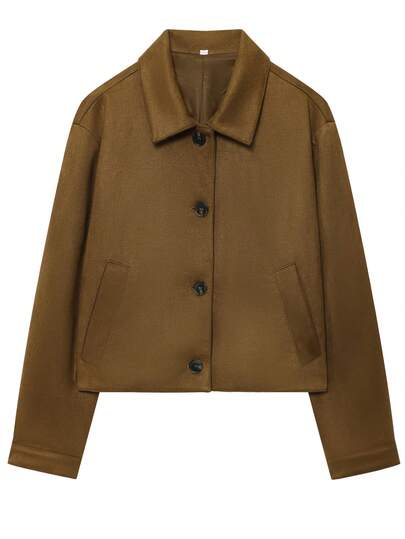 秋季麂皮短款夹克外套 女士上衣 外套 短款女士外套 休闲长袖上衣 女士秋季纽扣棕色短款外套