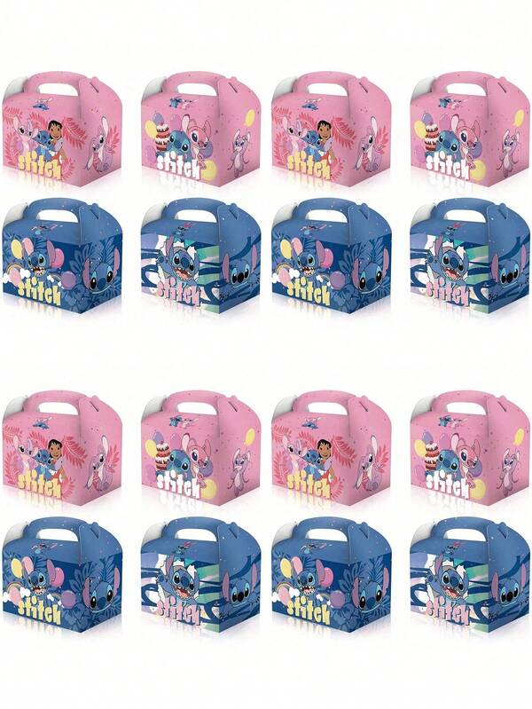 6/12/24 PIEZAS Bolsa de regalo de fiesta de Stitch Bolsa de papel 3D Bolsa de galletas y caramelos Figura de anime Suministros y recuerdos de fiesta de cumpleaños con tema de Stitch Caja de pastel