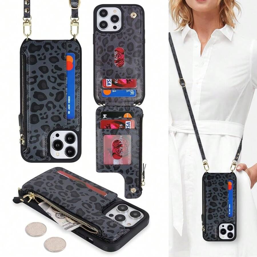 For IPhone 13 Pro Max Wallet Case With Card Holder For Women,For IPhone 12 Pro Max Case With Strap,Crossbody And Wristlet Zipper Pocket Phone Cover-Leopard Black{"Color_name":"L5-LeopardBlack"} - 多色27 - 查看 1
