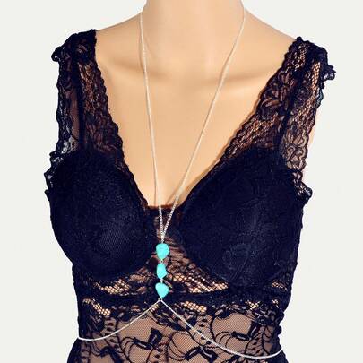 Beach Vacation Silver Chain Turquoise Body Chain Layered Chest Belly Body Jewelry