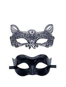 2pcs/Set Black Lace & Plastic Couple Masquerade Party Mask, Suitable For Men And Women Attend Makeup Ball, Party Halloween, Party Christmas - Many - View 11