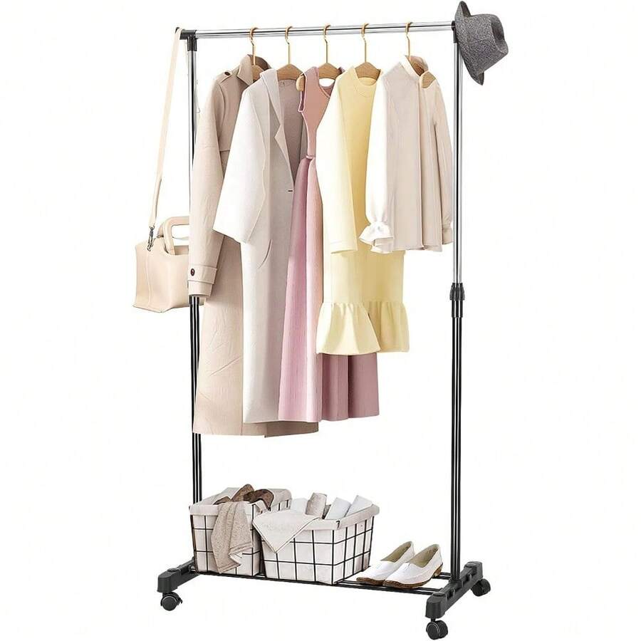 Shoze Clothes Rail Adjustable Garment Rack Telescopic Coat Rack Hanging Rail Clothes Stand With Shoe Shelf And Casters Clothing Rack For Small Place Organiser Shelf Bedroom Clothing Rack - Single Pole - View 1