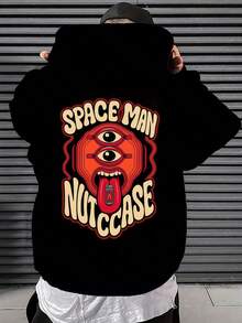 Sudadera con capucha espacial para hombres, negra con detalles rojos - Patrón de cara de alienígena y estampado "SPA Man NUUTSCAPE" - Suéter de estilo urbano suelto - Sudadera de poliéster lavable a máquina, adecuada para eventos de ciencia ficción y atuendos casuales - Traje de astronauta de las cuatro estaciones, uso diario, estilo urbano, tela transpirable, material duradero,  urbana - Negro - Ver 1