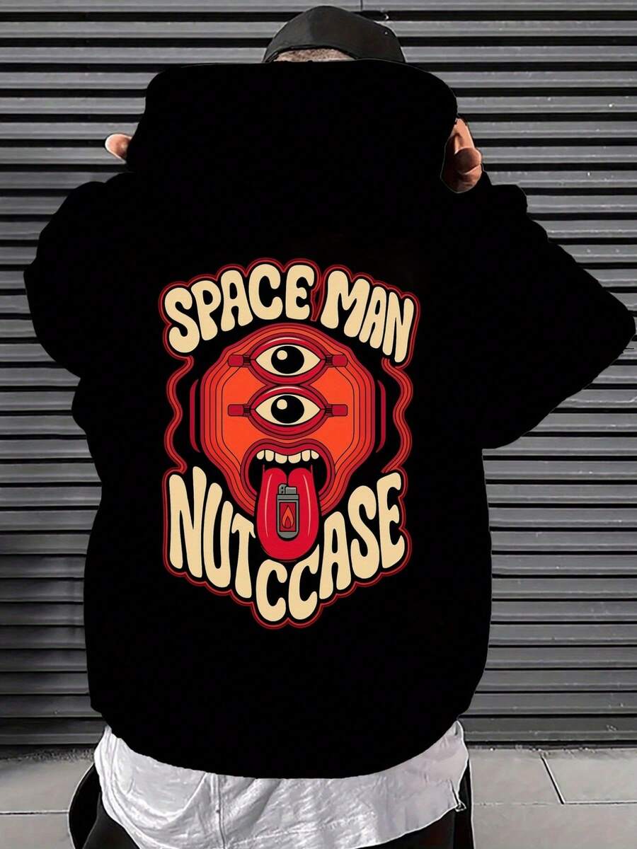 Sudadera con capucha espacial para hombres, negra con detalles rojos - Patrón de cara de alienígena y estampado "SPA Man NUUTSCAPE" - Suéter de estilo urbano suelto - Sudadera de poliéster lavable a máquina, adecuada para eventos de ciencia ficción y atuendos casuales - Traje de astronauta de las cuatro estaciones, uso diario, estilo urbano, tela transpirable, material duradero, urbana - Negro - Ver 1