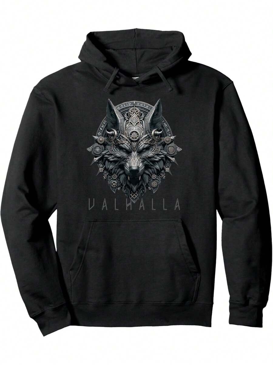 áscara de Lobo Valhalla Sudadera con Capucha de Runas de Odín - Sudadera con Capucha de Mitología Nórdica con Cabeza de Lobo y Runas, Sudadera Pesada para Hombres, Ropa Vikinga para Todas las Estaciones (Negro) - para Cosplay, Eventos Temáticos y Estilo Nórdico Diario, Conjunto de Cosplay, Diseño de Impresión Audaz, Tela Duradera, Top de Manga Larga, Entusiastas de Cosplay - Negro - Ver 1