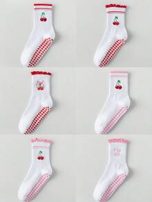 6pairs/3pairs/Pilates Yoga Socks With Grips For Women, Crew Length Ballet Barre Socks, Workout Hospital Socks, Cute Silicone Wear-Resistant Anti- Socks, Summer Breathable Cherry Style, Gym Dance Non- Socks, Athletic Crew Sticky Sock, Sports Fitness Grippy Socks, Gifts For Meditation Lovers