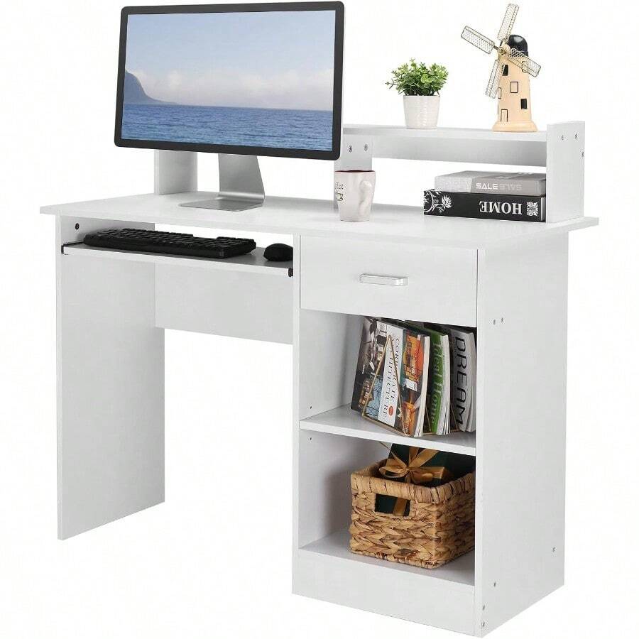MDF Computer Desk With Drawers Office Desk White Desk With Storage For PC Laptop Wood Home Office Desk With Keyboard Tray And Adjustable Shelf White - trắng - Xem 1