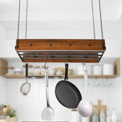 Estante colgante para ollas con 12 ganchos, de madera y acero, montaje en techo para colgar ollas y sartenes, organizador de almacenamiento de utensilios de cocina, capacidad de carga de 20 kg