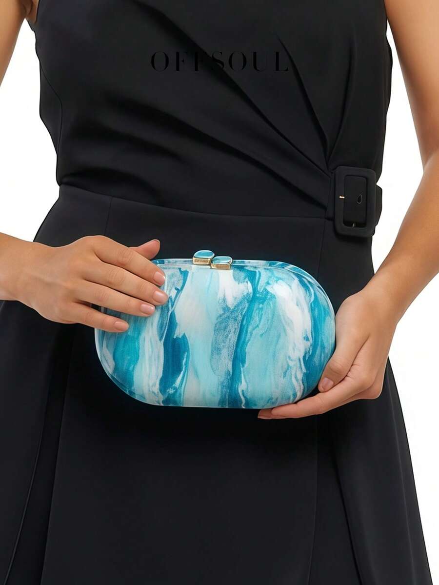 Geantă de seară acrilică texturată 3D, geantă de mână cu design sculptat la modă nouă, cu curea de lanț, geantă de umăr/crossbody pentru femei, geantă tip cutie cu model de marmură și chihlimbar - Albastru - Vizualizare 1