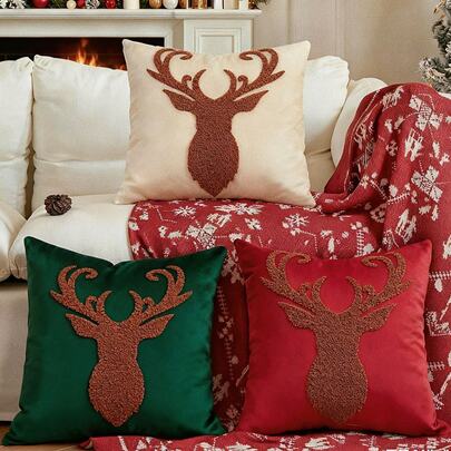 1 pieza Funda de cojín decorativa de reno navideño, Funda de cojín decorativa navideña, 18*18 Funda de almohada, Felpa suave, Para decoración de invierno, Sala de estar, Funda de cojín de sofá, Decoración de ropa de cama, Decoraciones navideñas
