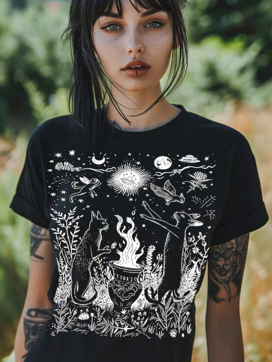 Celestial Cat T-Shirt_ Dark Cottagecore Goth Shirt, - 黑色 - 查看 1