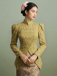 现代优雅女士立领上衣，不对称设计，3D立体花卉图案，适合搭配传统可巴雅衬衫，绿色上衣，开斋节服装 - 綠色 - 查看 3