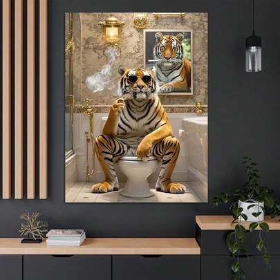 1pc Vintage Humorous, Funny, Wearing Fashionable Glasses, Smoking, Tiger, Canvas Painting, Suitable For Living Room, Bedroom, Office, Bathroom Wall Arts Posters,NO Frame