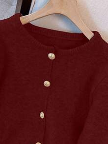 1pc Solid Color Front Button Round Neck Casual Loose Minimalist Metal Button Long Sleeve Sweater, Versatile Spring/Winter Tops For Women - Burgundy - View 4