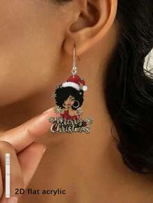 1 Pair Elegant & Sexy African American Women Christmas Pendant Earrings, Acrylic Painting Design, Stainless Steel Earring Hooks, Lightweight & Fashionable, Suitable For Daily Wear And Party Celebrations, Can Be Used As Holiday Gifts, Halloween And Christmas Gifts.