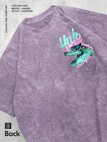 2026 "Huk Fishing First Fish" Men's Vintage-Style Printed T-Shirt, Featuring A Fun Crocodile Pattern Print, Casual Round Neck, Short Sleeves, 230g Was - 紫色 - 查看 3