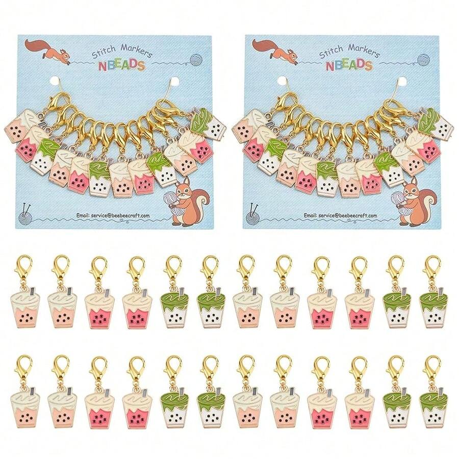 24 Pcs Milk Tea Cup Stitch Markers, Alloy Enamel Crochet Stitch Marker Charms Removable Locking Stitch Marker With Lobster Claw Clasps For Sewing Accessories Quilting Jewelry Making{"Color_name":"BobaMilkTea"} - 波霸乳茶 - 查看 1