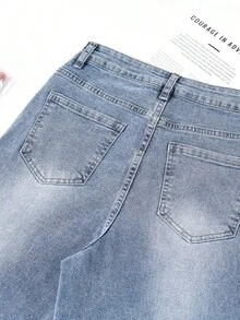 Jeans casuales de mezclilla de pierna ancha para mujer, largo largo con cintura escalonada, tela muy elástica, perfecta para una comodidad con estilo. - Azul - Ver 3