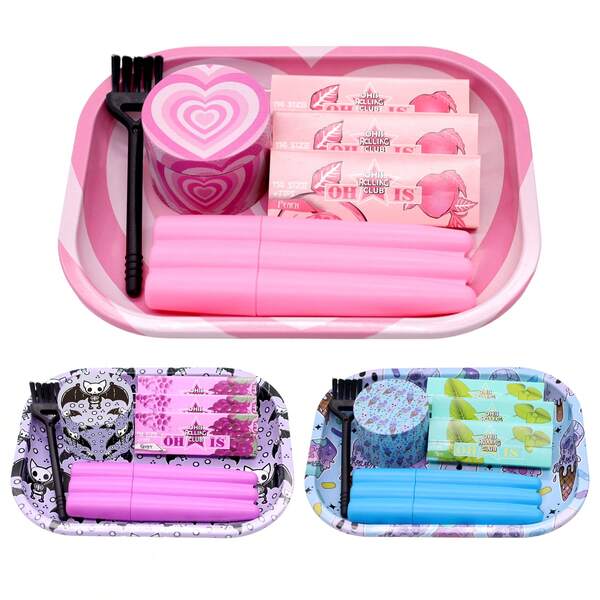 Ensemble d'accessoires pour fumeurs 7-en-1, comprenant un plateau à rouler, des feuilles à rouler aux fruits, un ralentisseur de combustion, un cendrier métallique, 3 rouleaux de feuilles à rouler aux fruits, 1 broyeur métallique, 1 étui de rangement triple, 1 petite brosse, portable, fournitures pour fumeurs, idéal pour les cadeaux d'Halloween et de Noël