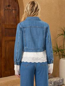 Áo khoác denim xanh dương vừa phải dành cho nữ, áo khoác vừa vặn thoải mái có viền ren, trang phục không thể thiếu cho trang phục hàng ngày và những buổi đi chơi sành điệu - Rửa trung bình - Xem 7