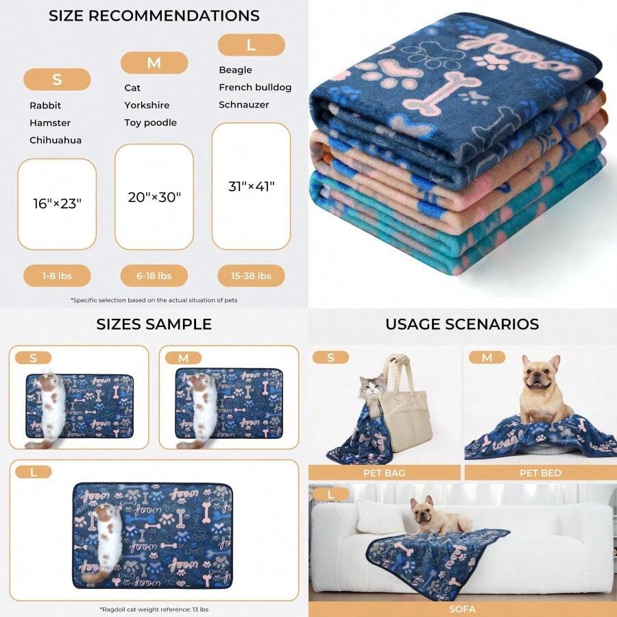 1 Pack 3 Blankets Fluffy Premium Fleece Pet Blanket Flannel Paw Bone Printed Throw For Dog Cat Small 23"X16" Khaki/Blue/Navy - 23x16 inch (Gói 3) + Xương Khaki/Xanh lam/Xanh navy - Xem 1