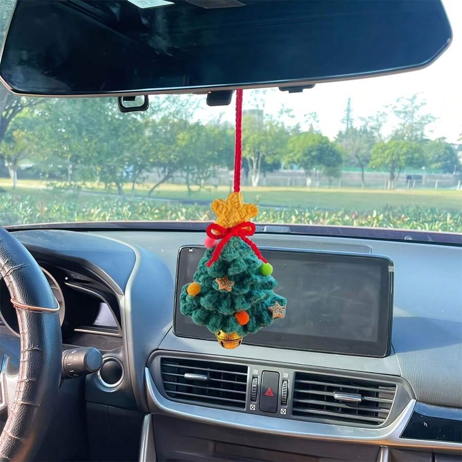 Car Rearview Mirror Charms Cute Crochet Christmas Tree Hanging Decorations Small Ornaments - Dark Green - View 1