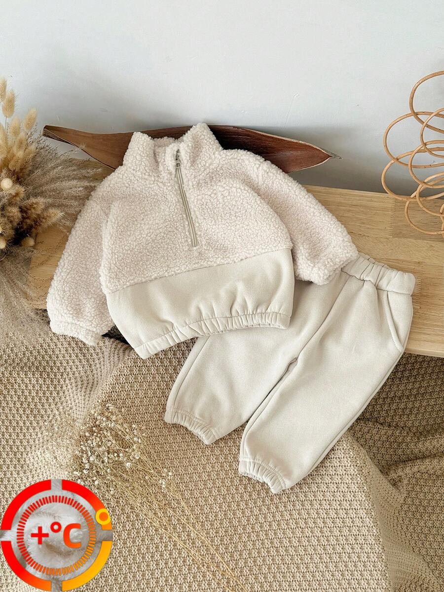 2pcs/Set Baby Boys/Girls Casual Color Block Sherpa Fleece Zip-Up Hoodie And Pants Thick Warm Set, Winter