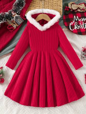 Young Girl' Christmas Elegant Plush Collar Hooded Long Sleeve Knee-Length Casual Dress, 2025 New Autumn/Winter Collection