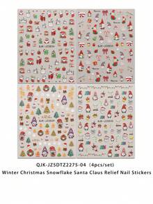 4 Adesivos de Arte de Unhas de Alívio de Desenho Animado de Natal - Flocos de Neve de Inverno, Papai Noel, Boneco de Neve, Árvore de Natal, Laço, Elementos Decorativos de Sino, Adequado para Uso Diário, Casamento e Feriados de Mulheres, Adesivos de Unhas Descartáveis e Autoadesivos, Estilo de Tema Fofo e de Luxo Leve, Fácil de Colar Adesivos de Unhas Vermelhos - Multicolorido - Visão 12