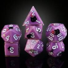 7 قطع/مجموعة نرد متعدد الأوجه من الراتنج، بلون أرجواني عام مع نمط قطة سوداء، مناسب لتجمعات العائلة في الهواء الطلق، هدايا مختلفة للمناسبات، مع علبة تخزين