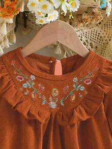 Embroidered Girls Dress, Ruffle Collar Design With Delicate Embroidery, Long Sleeve Loose Dress, Suitable For Daily Outing/Outdoor Leisure Holiday/Princess Style, Spring/Autumn - Orange - View 4