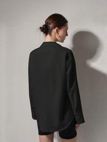 女士纯色宽松长袖商务面试通勤休闲简约衬衫，适合返校、毕业、办公、春夏秋季穿着 - 黑色 - 查看 2