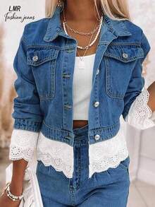 Áo khoác denim xanh dương vừa phải dành cho nữ, áo khoác vừa vặn thoải mái có viền ren, trang phục không thể thiếu cho trang phục hàng ngày và những buổi đi chơi sành điệu - Rửa trung bình - Xem 4