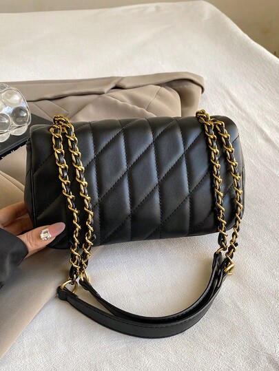 Bolsa de ombro elegante com alça de corrente dourada, decoração rosa e design clássico - Bolsa transversal moderna em dois tons, adequada para uso diário