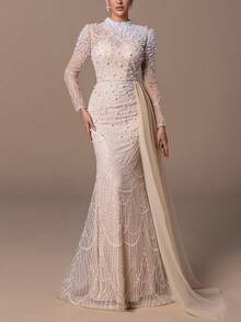 女士优雅立领鱼尾晚礼服，通体珍珠刺绣，可拆卸薄纱拖尾头纱；精致露背正式礼服，饰以精致珠饰和喇叭裙摆；修身婚礼宾客礼服，适合出席黑领结晚宴、盛大晚会、颁奖典礼、红毯活动和正式晚宴。 - 香檳色 - 查看 4