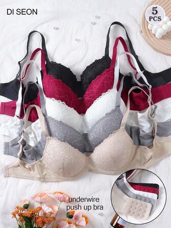 5pcs/Set DI SEON Lace Wavy Scalloped Elegant Sexy Women's Underwear Comfortable Breathable Underwire Bra, Suitable For Office And Everyday Wear