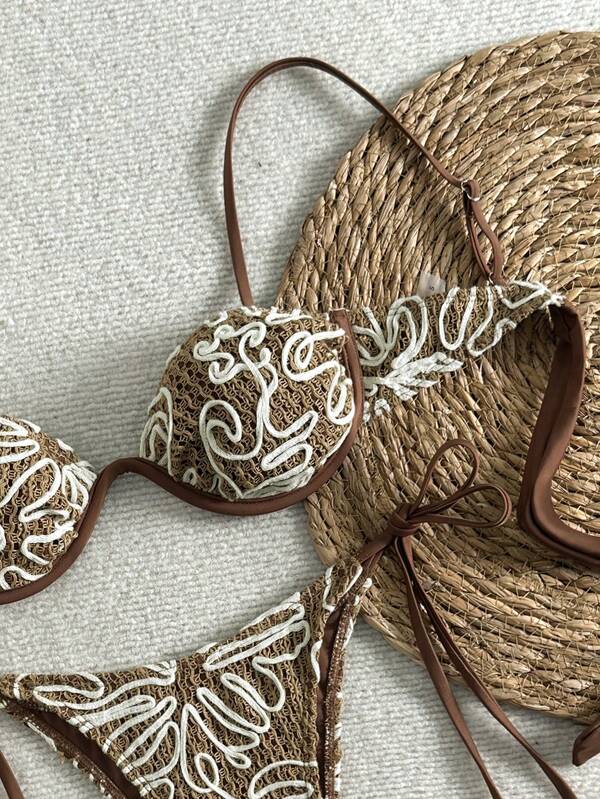 Conjunto de bikini de ganchillo bordado para mujer con sujetador con aros y Bottom con lazos laterales para un look elegante en la playa