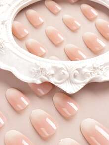 24pcs Short Oval Gradient Color French Manicure Fake Nails, Minimalist Contrast Color Patterns, Includes 1 Nail File And 1 Jelly Gel - Multicolor - View 2